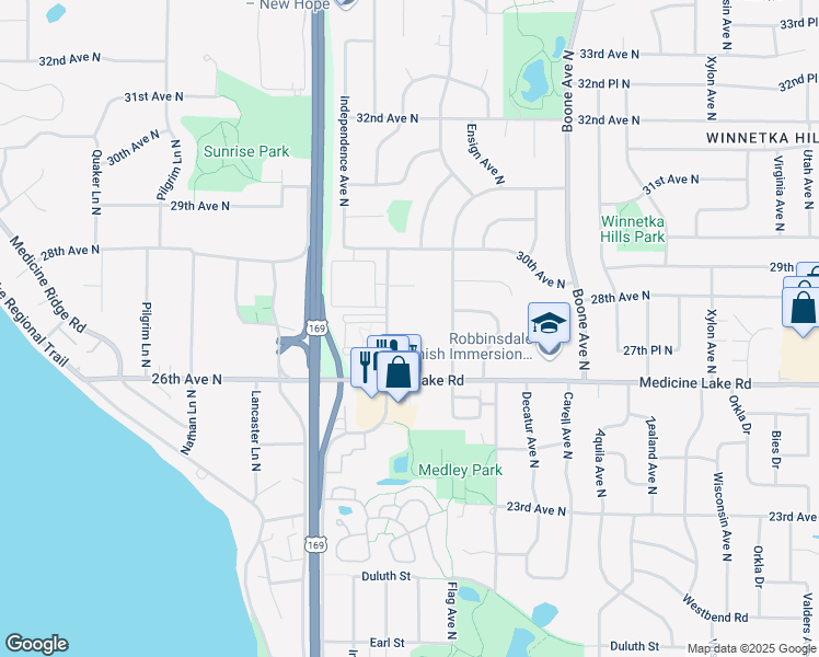 map of restaurants, bars, coffee shops, grocery stores, and more near 2800 Hillsboro Avenue North in Minneapolis