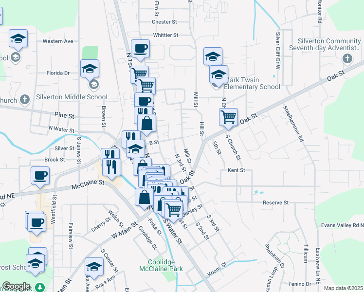 map of restaurants, bars, coffee shops, grocery stores, and more near 251 Mill Street in Silverton