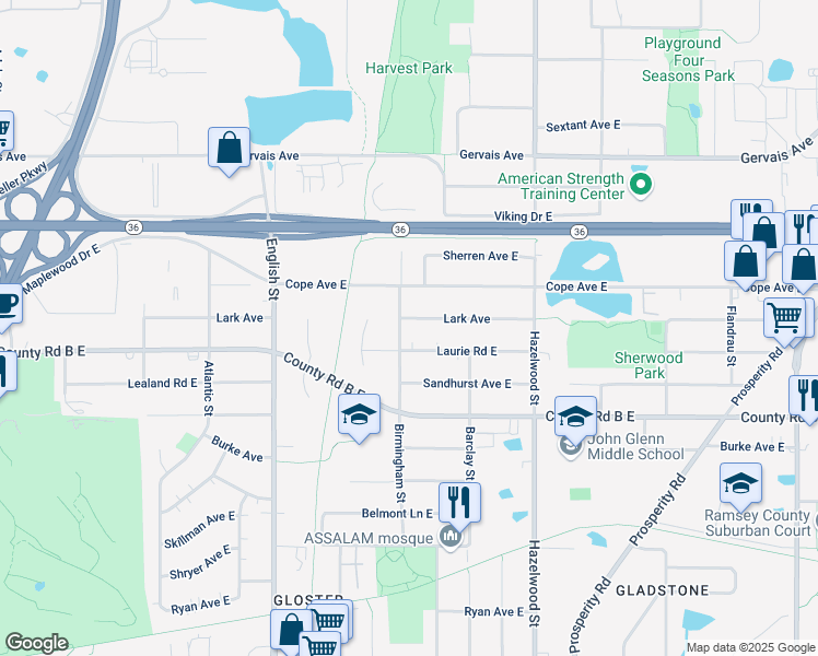 map of restaurants, bars, coffee shops, grocery stores, and more near 1420 Lark Avenue in Saint Paul