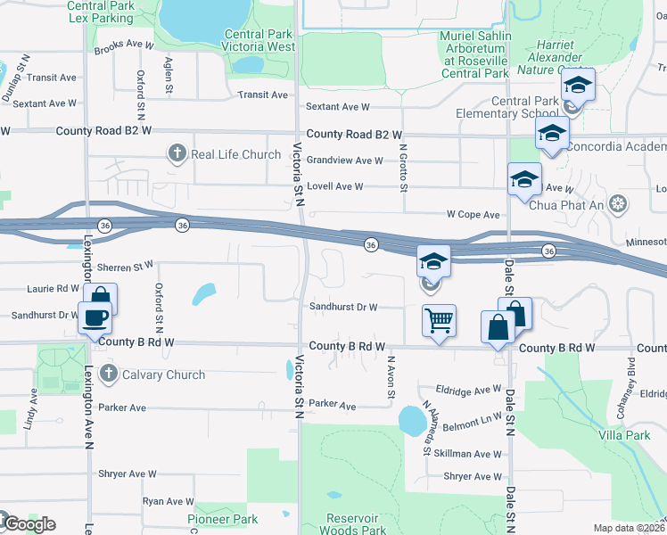 map of restaurants, bars, coffee shops, grocery stores, and more near 2250 Victoria Street North in Roseville