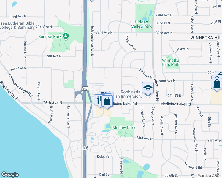 map of restaurants, bars, coffee shops, grocery stores, and more near 2800 Hillsboro Avenue North in Minneapolis