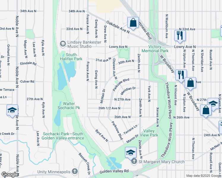 map of restaurants, bars, coffee shops, grocery stores, and more near 2733 Parkview Boulevard in Minneapolis