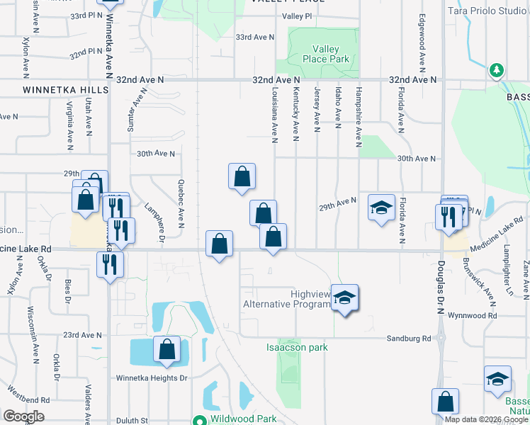 map of restaurants, bars, coffee shops, grocery stores, and more near 2849 Louisiana Avenue North in Minneapolis