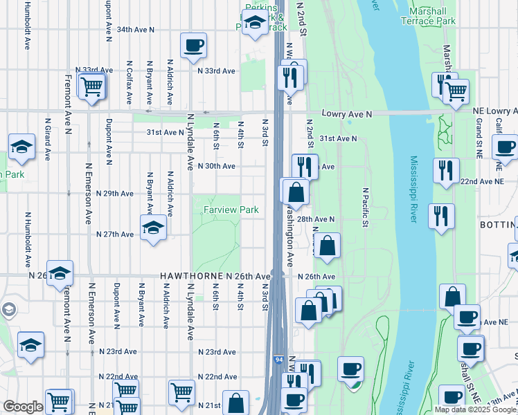 map of restaurants, bars, coffee shops, grocery stores, and more near 2815 North 3rd Street in Minneapolis