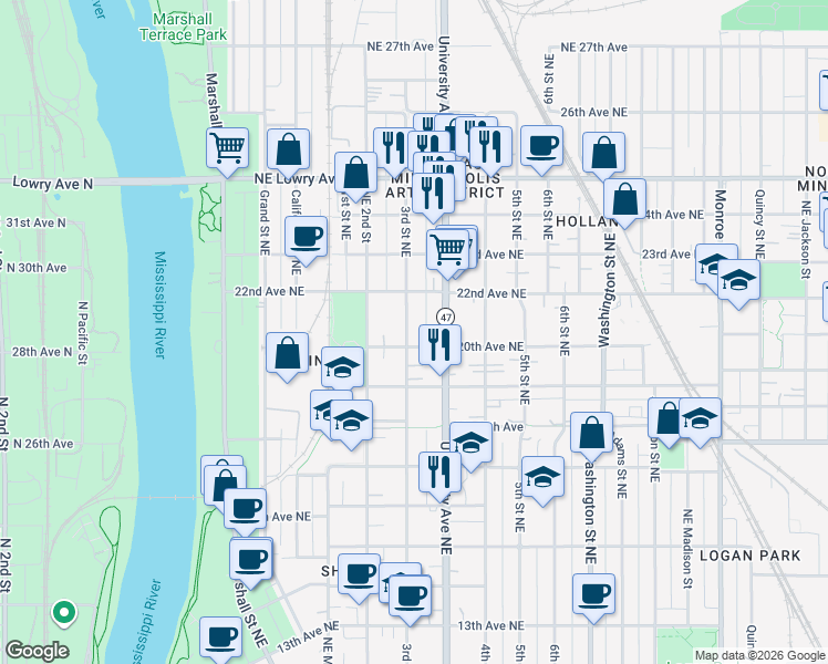 map of restaurants, bars, coffee shops, grocery stores, and more near 2011 3rd Street Northeast in Minneapolis