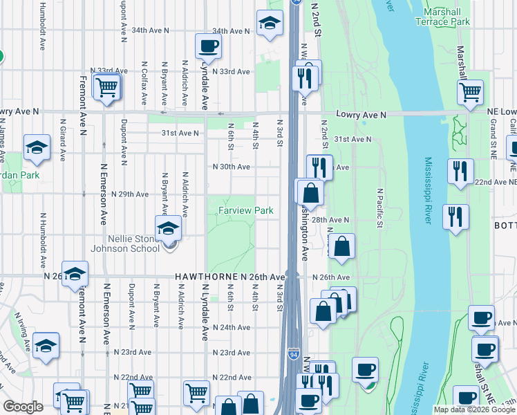 map of restaurants, bars, coffee shops, grocery stores, and more near 2814 North 4th Street in Minneapolis