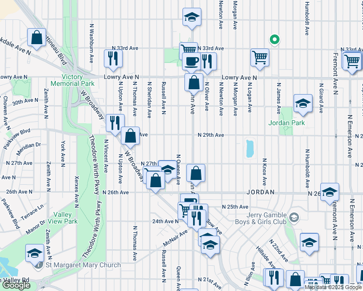 map of restaurants, bars, coffee shops, grocery stores, and more near 2738 Queen Avenue North in Minneapolis