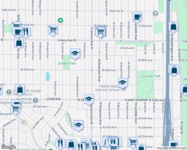 map of restaurants, bars, coffee shops, grocery stores, and more near 2810 Fremont Avenue North in Minneapolis