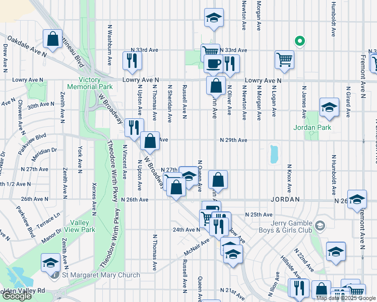 map of restaurants, bars, coffee shops, grocery stores, and more near 2738 Russell Avenue North in Minneapolis