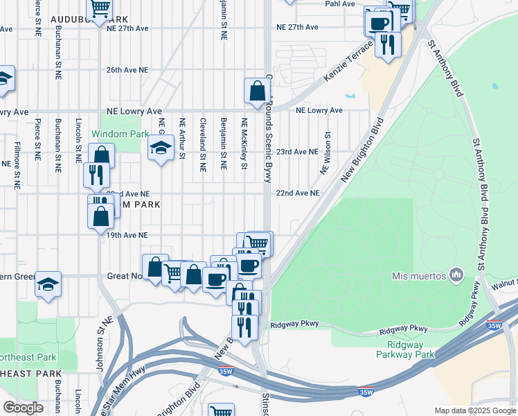 map of restaurants, bars, coffee shops, grocery stores, and more near 1941 Northeast McKinley Street in Minneapolis