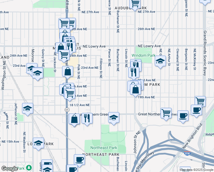 map of restaurants, bars, coffee shops, grocery stores, and more near 1940 Pierce Street Northeast in Minneapolis