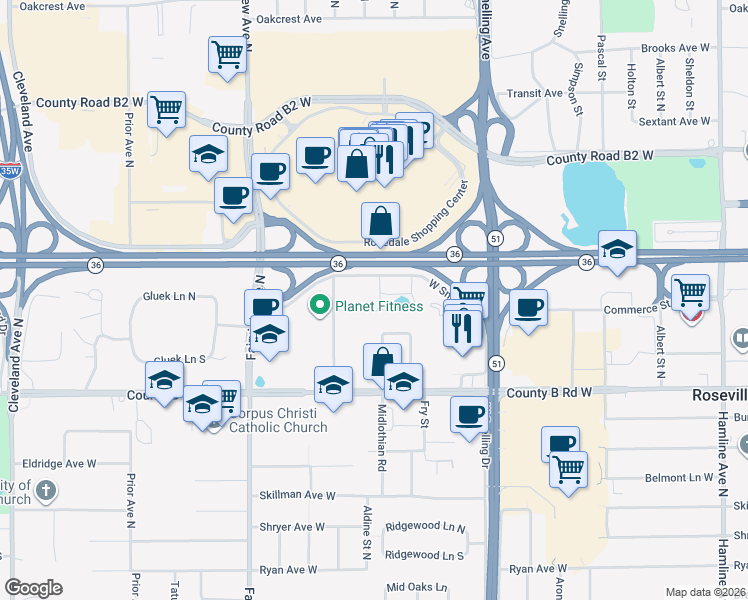 map of restaurants, bars, coffee shops, grocery stores, and more near 1690 Minnesota 36 in Roseville