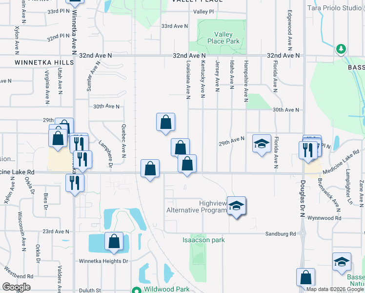 map of restaurants, bars, coffee shops, grocery stores, and more near 2849 Louisiana Avenue North in Minneapolis