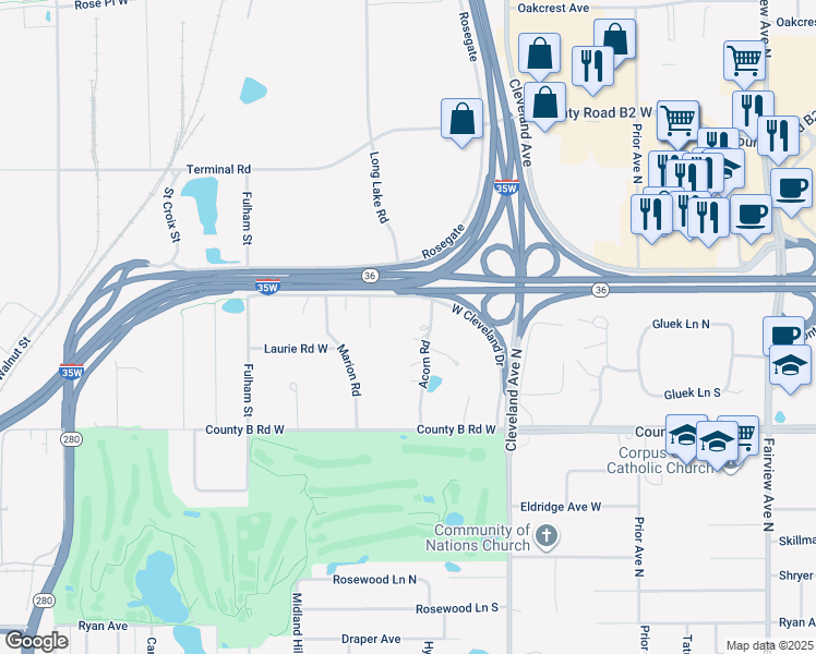 map of restaurants, bars, coffee shops, grocery stores, and more near 2265 Acorn Road in Roseville