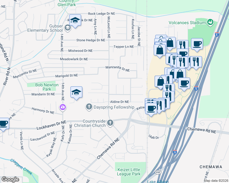 map of restaurants, bars, coffee shops, grocery stores, and more near 6051 Bingtree Court Northeast in Keizer