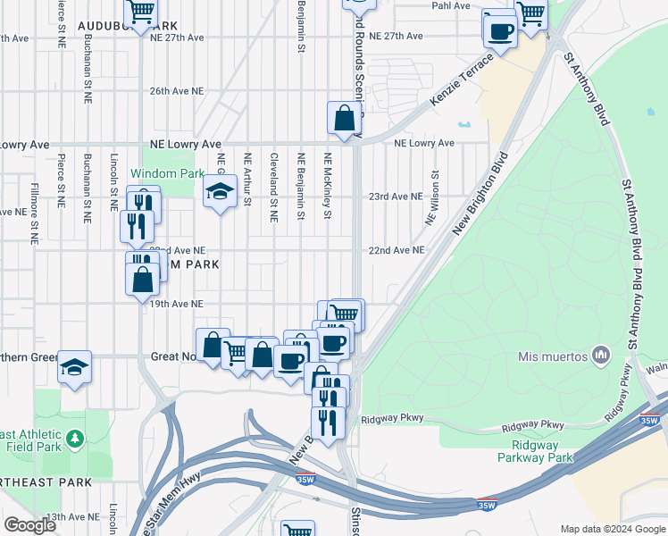 map of restaurants, bars, coffee shops, grocery stores, and more near 1941 Northeast McKinley Street in Minneapolis