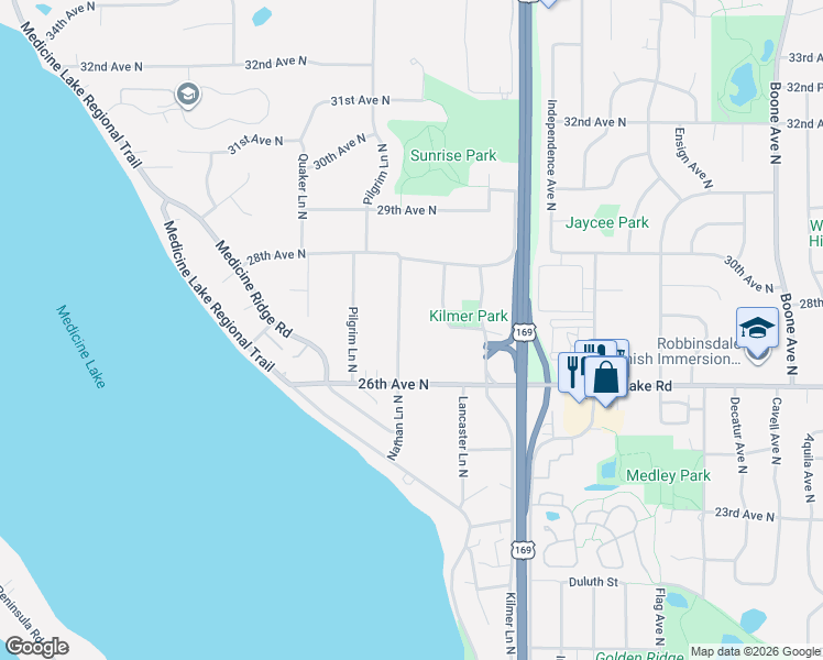 map of restaurants, bars, coffee shops, grocery stores, and more near 2650 Nathan Lane North in Plymouth