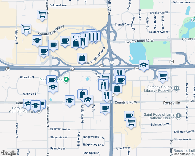 map of restaurants, bars, coffee shops, grocery stores, and more near 2275 Snelling Avenue North in Roseville