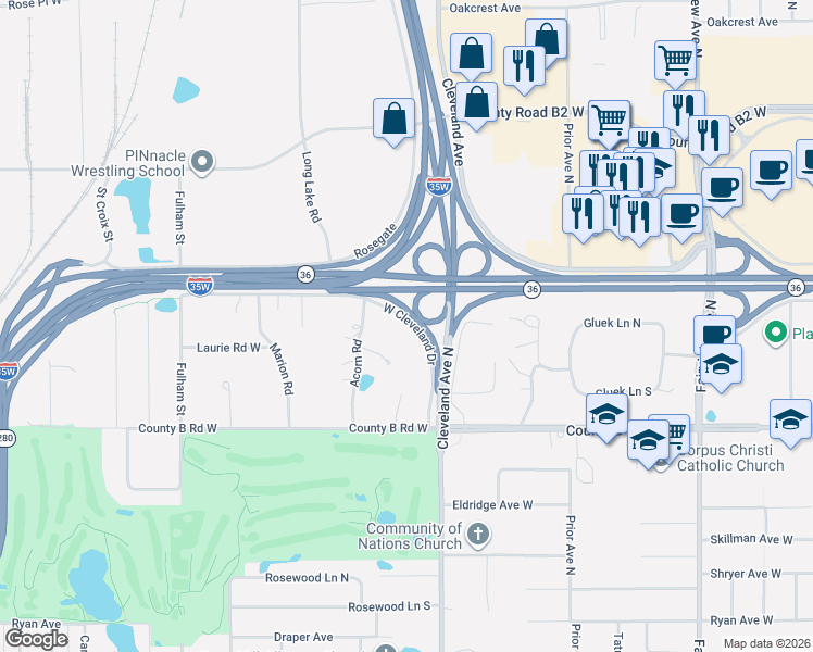 map of restaurants, bars, coffee shops, grocery stores, and more near 2255 Cleveland Avenue in Roseville
