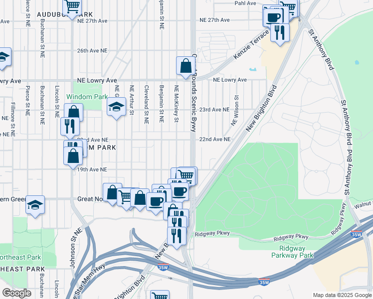 map of restaurants, bars, coffee shops, grocery stores, and more near 1941 Northeast McKinley Street in Minneapolis
