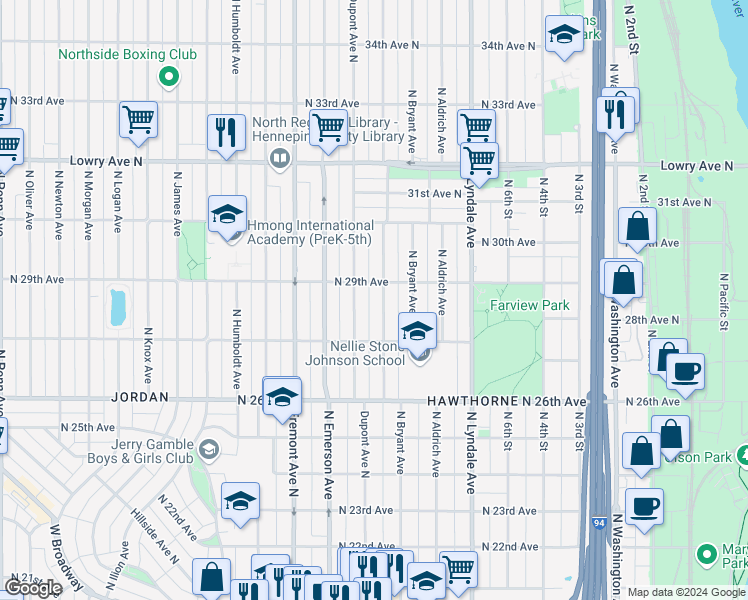 map of restaurants, bars, coffee shops, grocery stores, and more near 2812 Dupont Avenue North in Minneapolis
