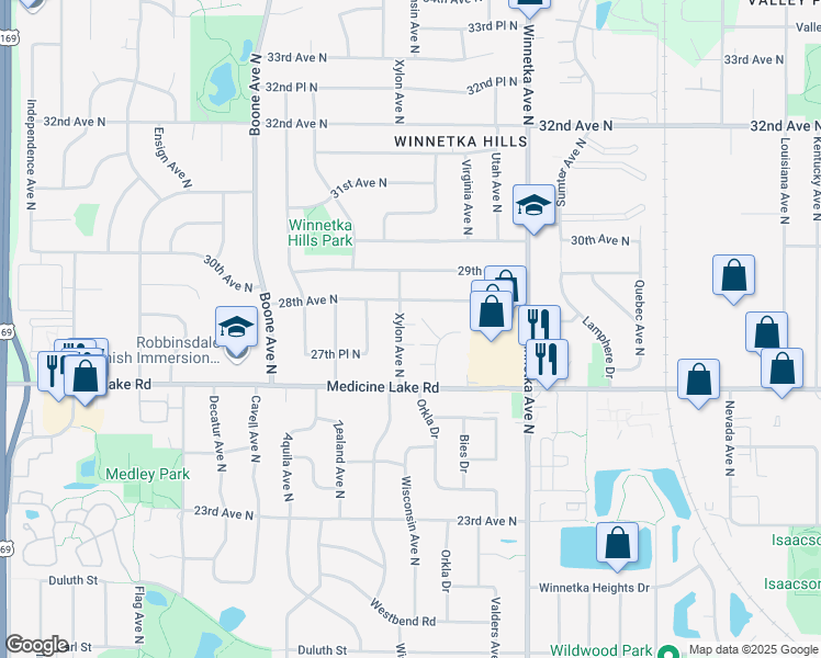 map of restaurants, bars, coffee shops, grocery stores, and more near 2741 Xylon Avenue North in Minneapolis