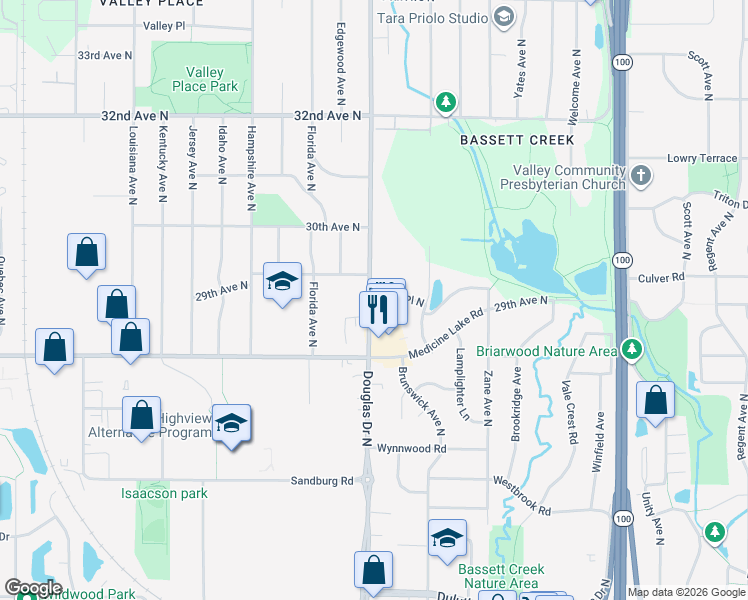 map of restaurants, bars, coffee shops, grocery stores, and more near 11220 29th Place North in Crystal