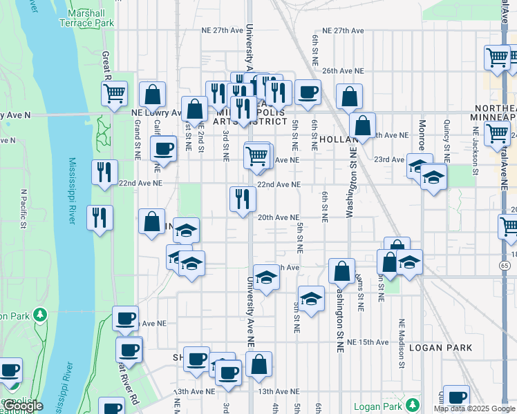 map of restaurants, bars, coffee shops, grocery stores, and more near 2015 University Avenue Northeast in Minneapolis