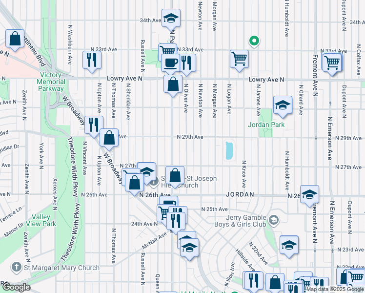 map of restaurants, bars, coffee shops, grocery stores, and more near 2811 North Oliver Avenue in Minneapolis