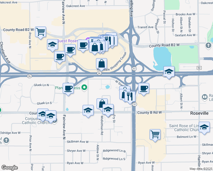 map of restaurants, bars, coffee shops, grocery stores, and more near 1630 South Highway 36 Service Drive in Roseville