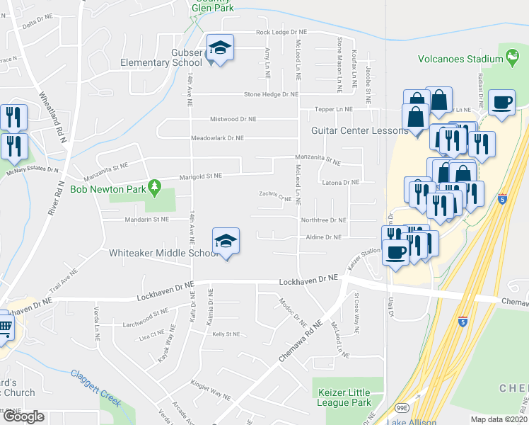 map of restaurants, bars, coffee shops, grocery stores, and more near 1842 Jentif Court Northeast in Keizer