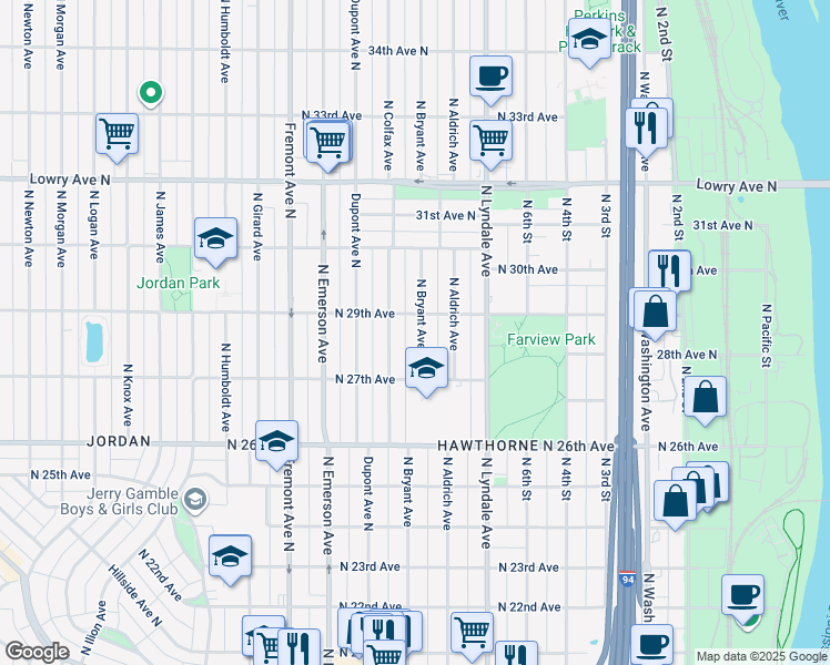 map of restaurants, bars, coffee shops, grocery stores, and more near 2815 North Bryant Avenue in Minneapolis