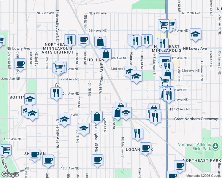 map of restaurants, bars, coffee shops, grocery stores, and more near 2009 Jefferson Street Northeast in Minneapolis