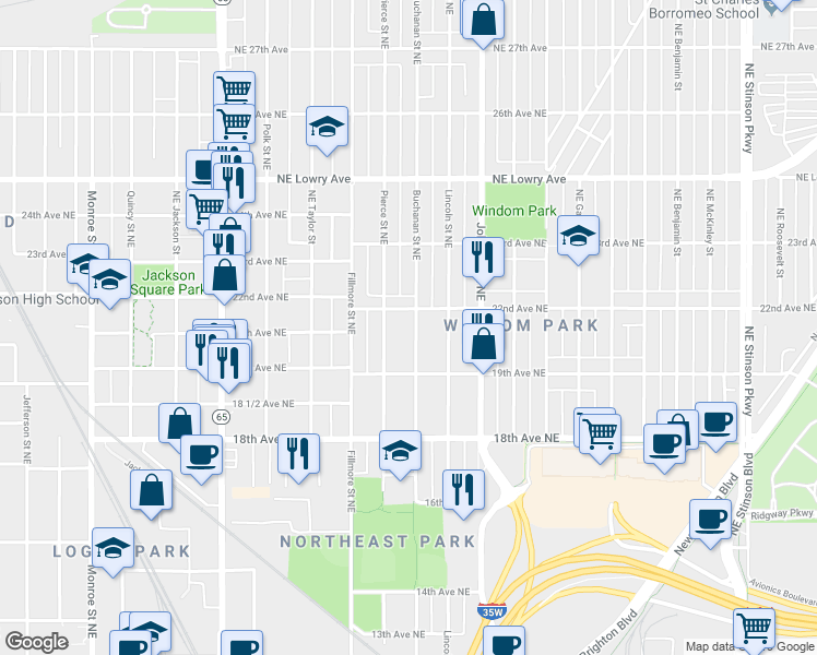 map of restaurants, bars, coffee shops, grocery stores, and more near 1934 Buchanan Street Northeast in Minneapolis