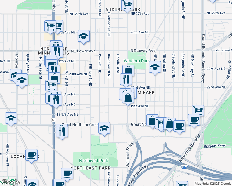 map of restaurants, bars, coffee shops, grocery stores, and more near 1934 Lincoln Street Northeast in Minneapolis