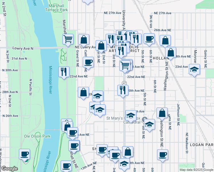 map of restaurants, bars, coffee shops, grocery stores, and more near 2015 Northeast 2nd Street in Minneapolis