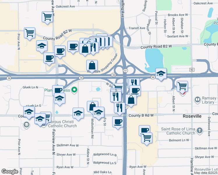 map of restaurants, bars, coffee shops, grocery stores, and more near 2275 Snelling Avenue North in Roseville