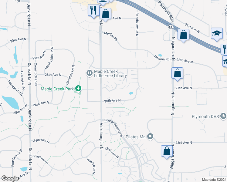 map of restaurants, bars, coffee shops, grocery stores, and more near 15809 27th Avenue North in Minneapolis