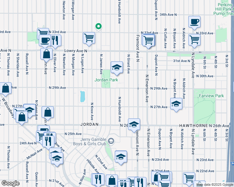 map of restaurants, bars, coffee shops, grocery stores, and more near 2815 Humboldt Avenue North in Minneapolis