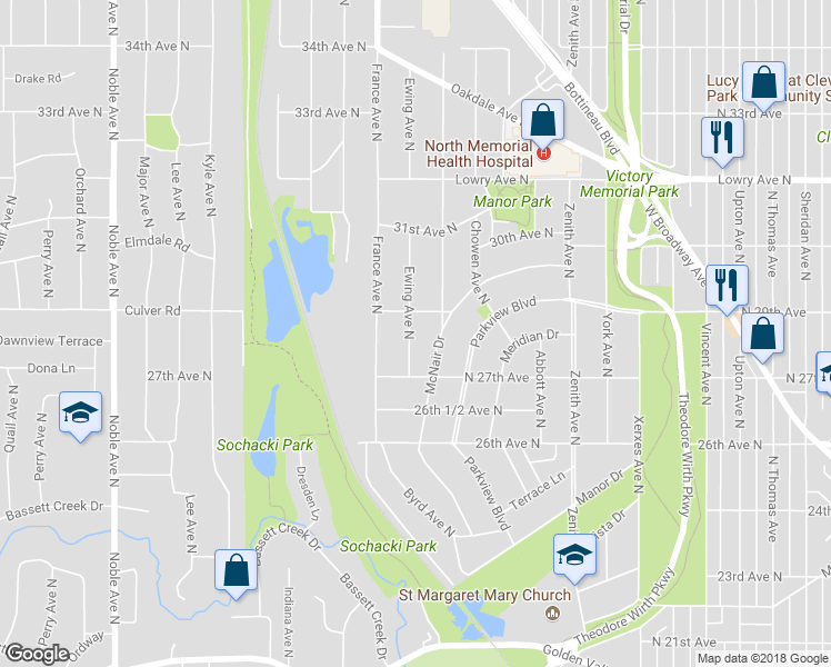 map of restaurants, bars, coffee shops, grocery stores, and more near 2738 Ewing Avenue North in Minneapolis