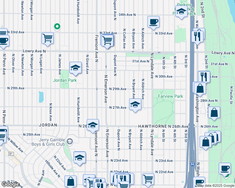 map of restaurants, bars, coffee shops, grocery stores, and more near 2812 Dupont Avenue North in Minneapolis