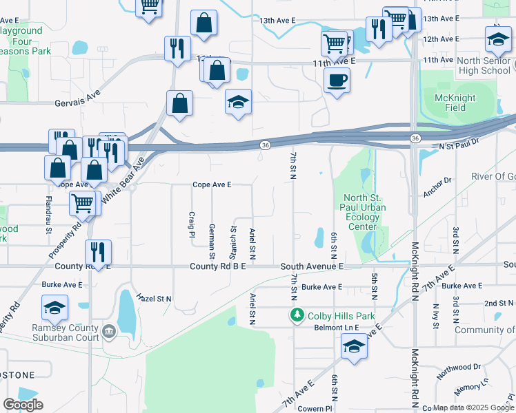 map of restaurants, bars, coffee shops, grocery stores, and more near 2254 Ariel Street in Saint Paul