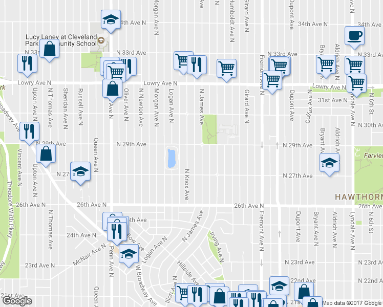 map of restaurants, bars, coffee shops, grocery stores, and more near 2814 North Knox Avenue in Minneapolis