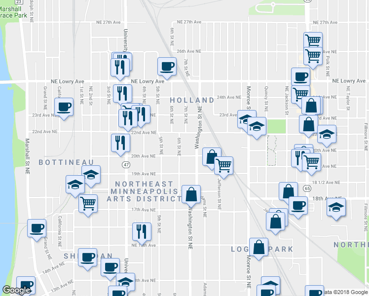 map of restaurants, bars, coffee shops, grocery stores, and more near 2015 6th Street Northeast in Minneapolis
