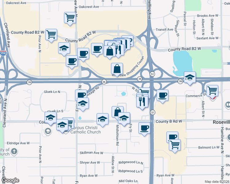 map of restaurants, bars, coffee shops, grocery stores, and more near 1620 South Highway 36 Service Drive in Roseville