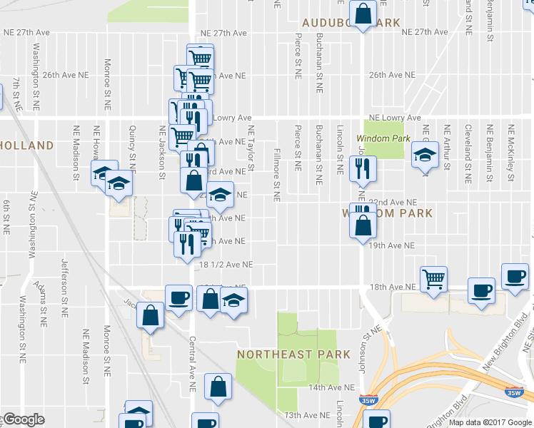 map of restaurants, bars, coffee shops, grocery stores, and more near 1115 20th Avenue Northeast in Minneapolis