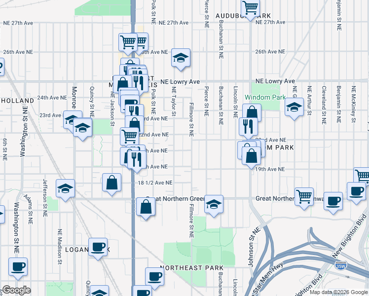 map of restaurants, bars, coffee shops, grocery stores, and more near 1115 20th Avenue Northeast in Minneapolis