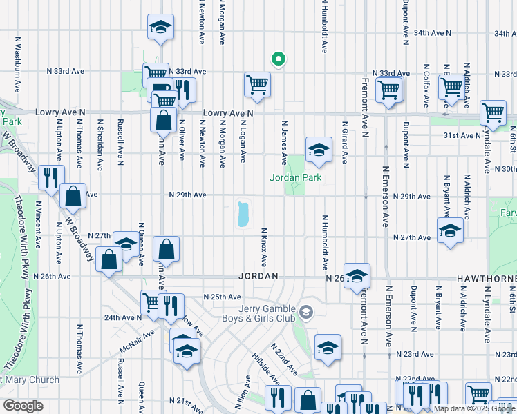 map of restaurants, bars, coffee shops, grocery stores, and more near 2810 North Logan Avenue in Minneapolis
