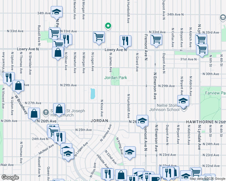 map of restaurants, bars, coffee shops, grocery stores, and more near 2814 North James Avenue in Minneapolis