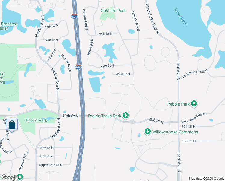 map of restaurants, bars, coffee shops, grocery stores, and more near 7523 43rd Street North in Oakdale